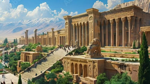 Ancient Persia The grandeur of Persepolis with its massive stone palaces, intricate carvings, and royal courtyards surrounded by lush greener