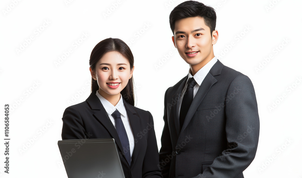 professional Chinese businesswoman and businessman in formal black suits, standing side by side, smiling confidently while working on a laptop in front of white background. professional Chinese businesswoman and businessman in formal black suits, standing side by side, smiling confidently while working on a laptop in front of white background.