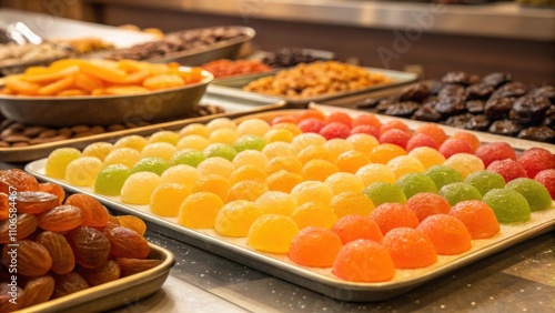 Vibrant Array The tray showcases a radiant arrangement of brightly colored candies each glistening under soft golden light. Surrounding the sweets are neatly p dried fruits photo