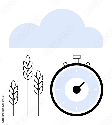 Stopwatch three wheat stalks, and cloud convey precision farming, growth monitoring, crop yield, sustainable agriculture, weather forecasting, and productivity. Ideal for farming, time management