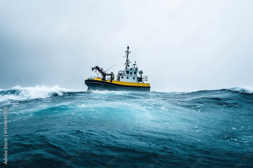 Naklejka premium Small fishing boat bravely sails through rough seas with big waves during a storm, facing the power of nature in a daring adventure