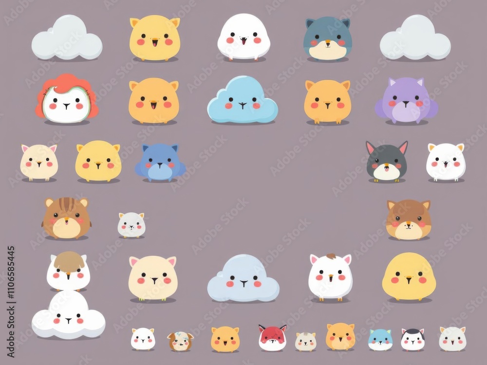 Assortment of abstract flat cartoon and fluffy cloud icons in various colors and styles, styles, collection, cartoon Assortment of abstract flat cartoon and fluffy cloud icons in various colors and styles, styles, collection, cartoon