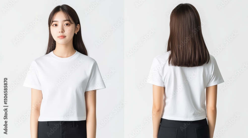 A model showcases a simple, cropped white t-shirt paired with black pants, highlighting a minimalist style and versatile fashion choice. A model showcases a simple, cropped white t-shirt paired with black pants, highlighting a minimalist style and versatile fashion choice.