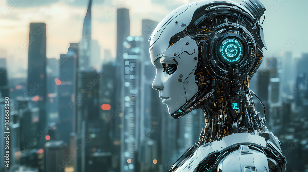 Fototapeta premium Advanced robotics engineering prototype in futuristic solarpunk cityscape. Solarpunk. Illustration