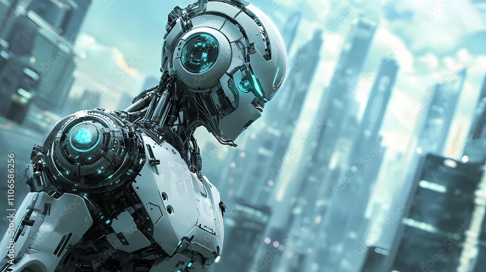 Fototapeta premium Advanced robotics engineering prototype in futuristic solarpunk cityscape. Solarpunk. Illustration