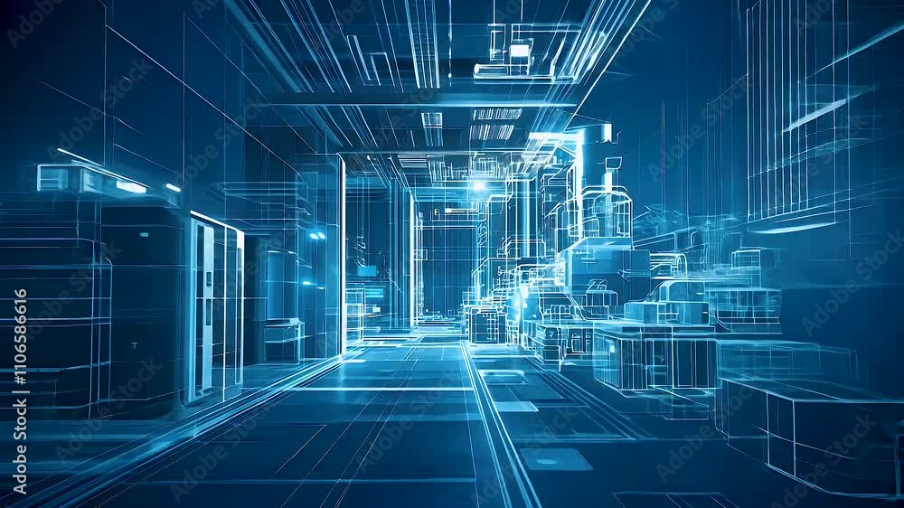 Futuristic 3D architecture sketch with glowing lines and structures, emphasizing high tech interior design and innovative technology in digital blueprint of modernity.