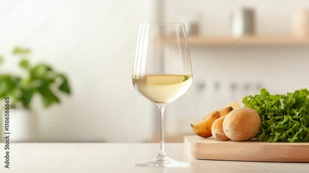 A glass of white wine is on a wooden cutting board next to a plate of vegetables A glass of white wine is on a wooden cutting board next to a plate of vegetables