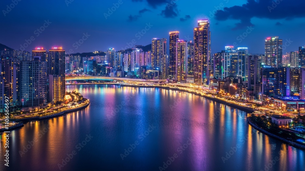 Naklejka premium Night cityscape with vibrant lights reflected in calm water.