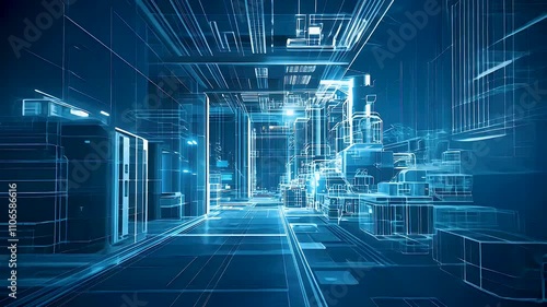Futuristic 3D architecture sketch with glowing lines and structures, emphasizing high tech interior design and innovative technology in digital blueprint of modernity.