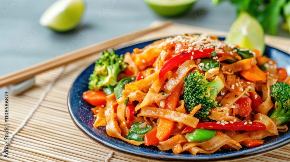 A colorful plate of vegetable pad see ew stir-fry with wide rice noodles, broccoli, carrots