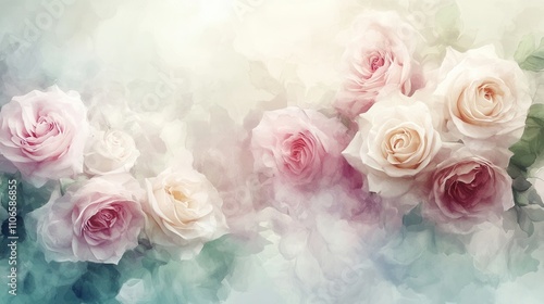 Delicate watercolor painting of blooming roses and rosebuds in soft pastel tones, capturing elegance and natural beauty, AI-generated