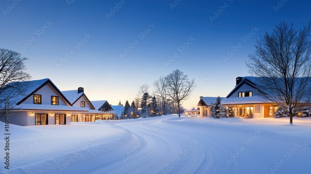 A snowy street with houses on either side A snowy street with houses on either side