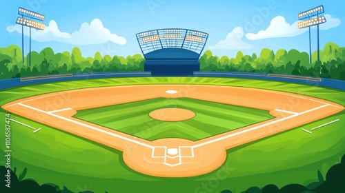 Colorful and Vibrant Baseball Field Illustration with Blue Sky, Green Trees, and Bright Stadium Lights in a Cartoon Style Ideal for Sports and Recreation Themes