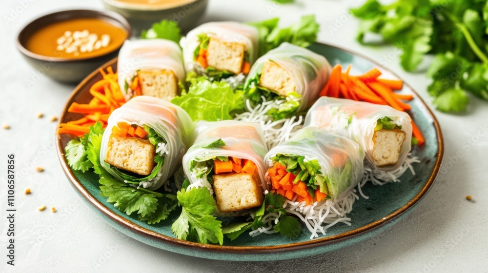 A colorful plate of vegetable spring rolls with crispy tofu, shredded carrots, lettuce A colorful plate of vegetable spring rolls with crispy tofu, shredded carrots, lettuce