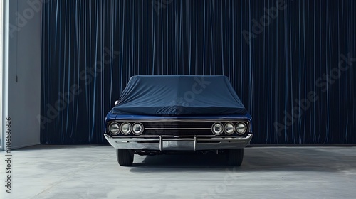 A classic muscle car hidden beneath a navy blue cover resting atop a retro styled platform with a clean minimalist design  This image evokes a sense of automotive elegance and power