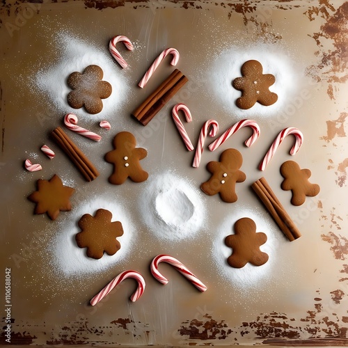 A flat lay of Christmas baking essentials gingerbread cookies, powdered sugar, cinnamon sticks, and candy canes on a rustic wooden table, leaving space in the center for seasonal text photo