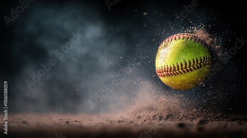 High-Speed Close-Up of a Yellow Softball in Motion with Dust Clouds for Sports and Athletic Themes in Dramatic Lighting and Dynamic Composition