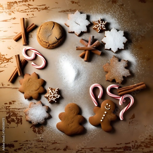 A flat lay of Christmas baking essentials gingerbread cookies, powdered sugar, cinnamon sticks, and candy canes on a rustic wooden table, leaving space in the center for seasonal text photo