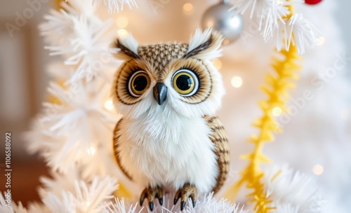 owl christmas Close up of holidays owl toy and garlands on white yellow christmas tree  animal, decoration, season, bird photo