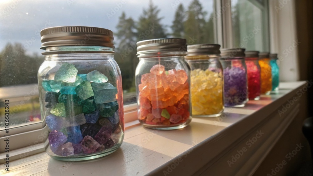 Jars filled with colorful crystals and minerals lined up on a windowsill capturing natural light in a prism of hues that dance across the surface. Jars filled with colorful crystals and minerals lined up on a windowsill capturing natural light in a prism of hues that dance across the surface.