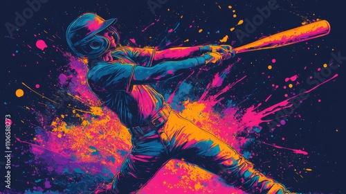 Dynamic Baseball Swing Illustration with Vibrant Colors and Abstract Splash Background Capturing the Energy and Motion of the Sport