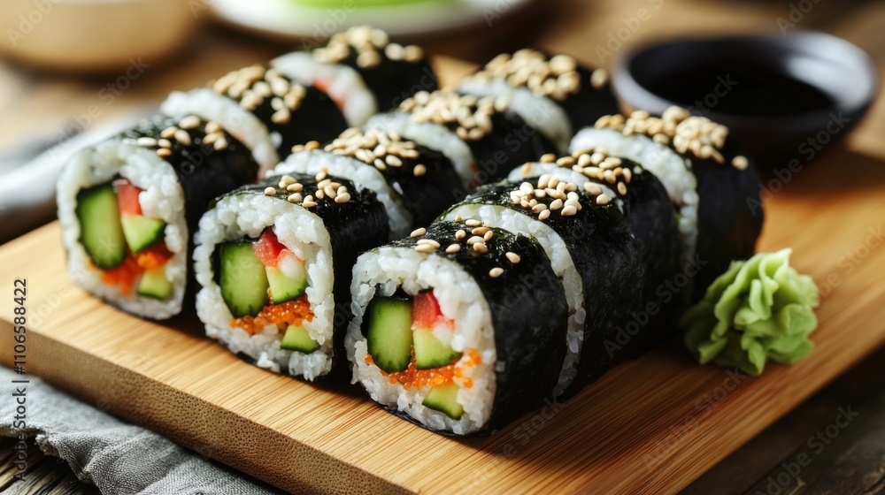 A colorful plate of vegetable sushi rolls filled with cucumber, avocado, and pickled radish A colorful plate of vegetable sushi rolls filled with cucumber, avocado, and pickled radish