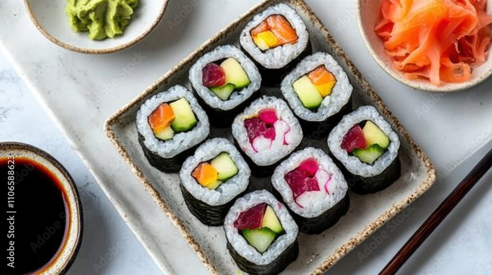 A colorful plate of vegetarian sushi rolls filled with avocado, cucumber, and pickled radish A colorful plate of vegetarian sushi rolls filled with avocado, cucumber, and pickled radish