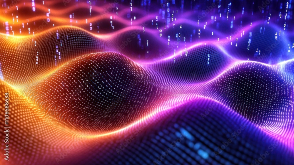Abstract digital waves with glowing patterns and binary elements. Abstract digital waves with glowing patterns and binary elements.