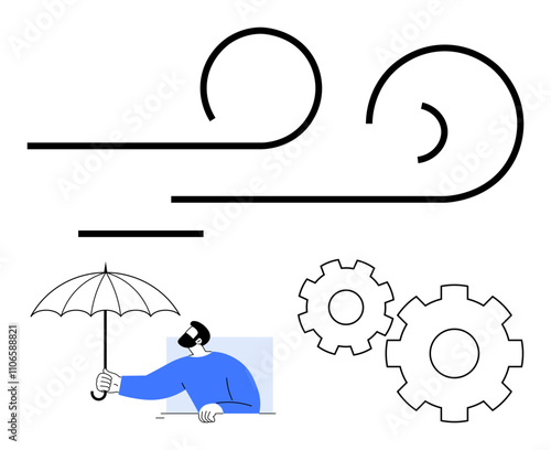 Person holding an umbrella facing strong wind, with nearby gears. Ideal for resilience, challenges, protection, problem-solving, engineering, overcoming adversity perseverance. Line metaphor