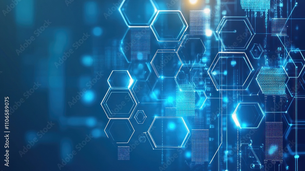 Abstract digital background featuring hexagonal shapes and glowing elements. Abstract digital background featuring hexagonal shapes and glowing elements.