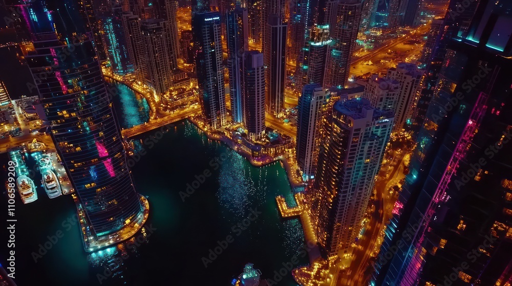 Aerial view of a vibrant cityscape illuminated at night with skyscrapers and waterways. Aerial view of a vibrant cityscape illuminated at night with skyscrapers and waterways.