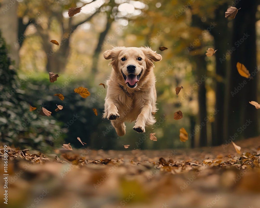 Golden retriever joyfully running through leaves. Golden retriever joyfully running through leaves.