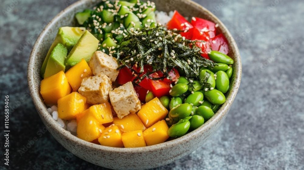 A colorful poke bowl filled with marinated tofu, avocado, mango A colorful poke bowl filled with marinated tofu, avocado, mango