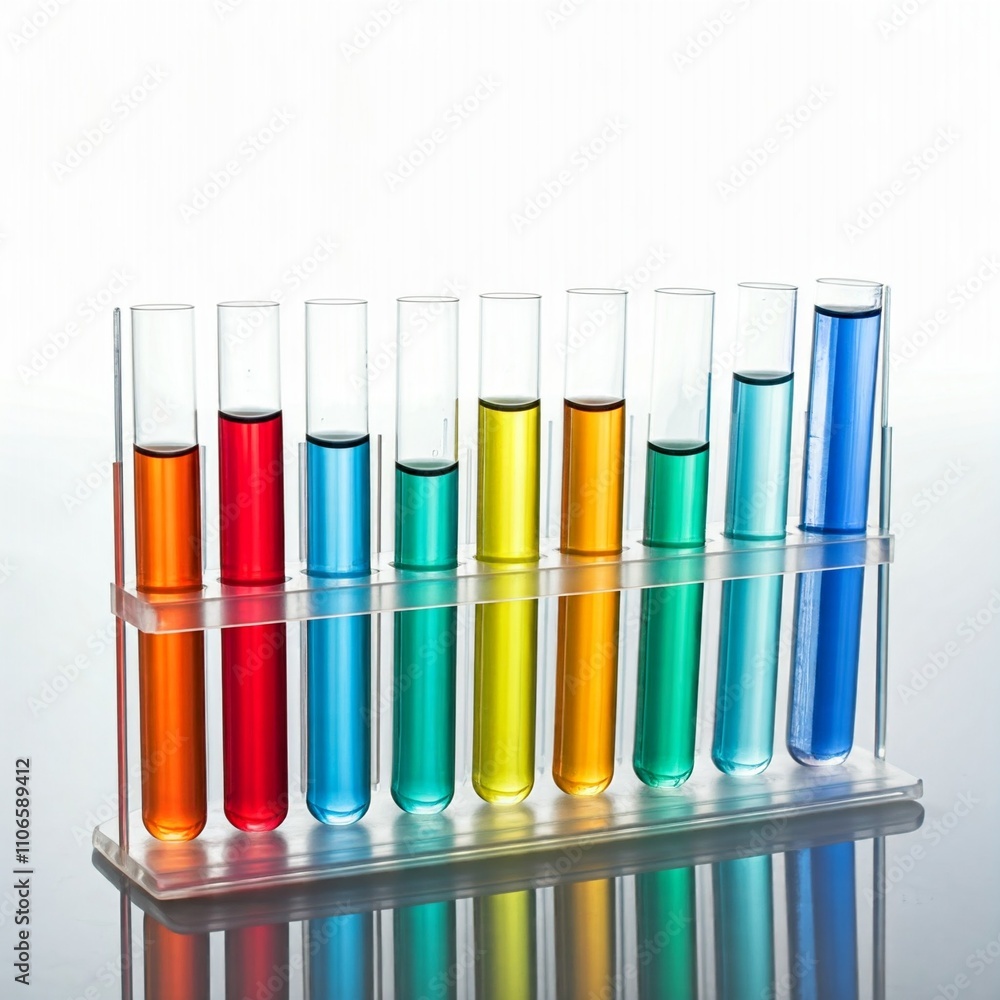 Multiple glass test tubes containing liquids of various colors placed in a test tube rack. Clean background.