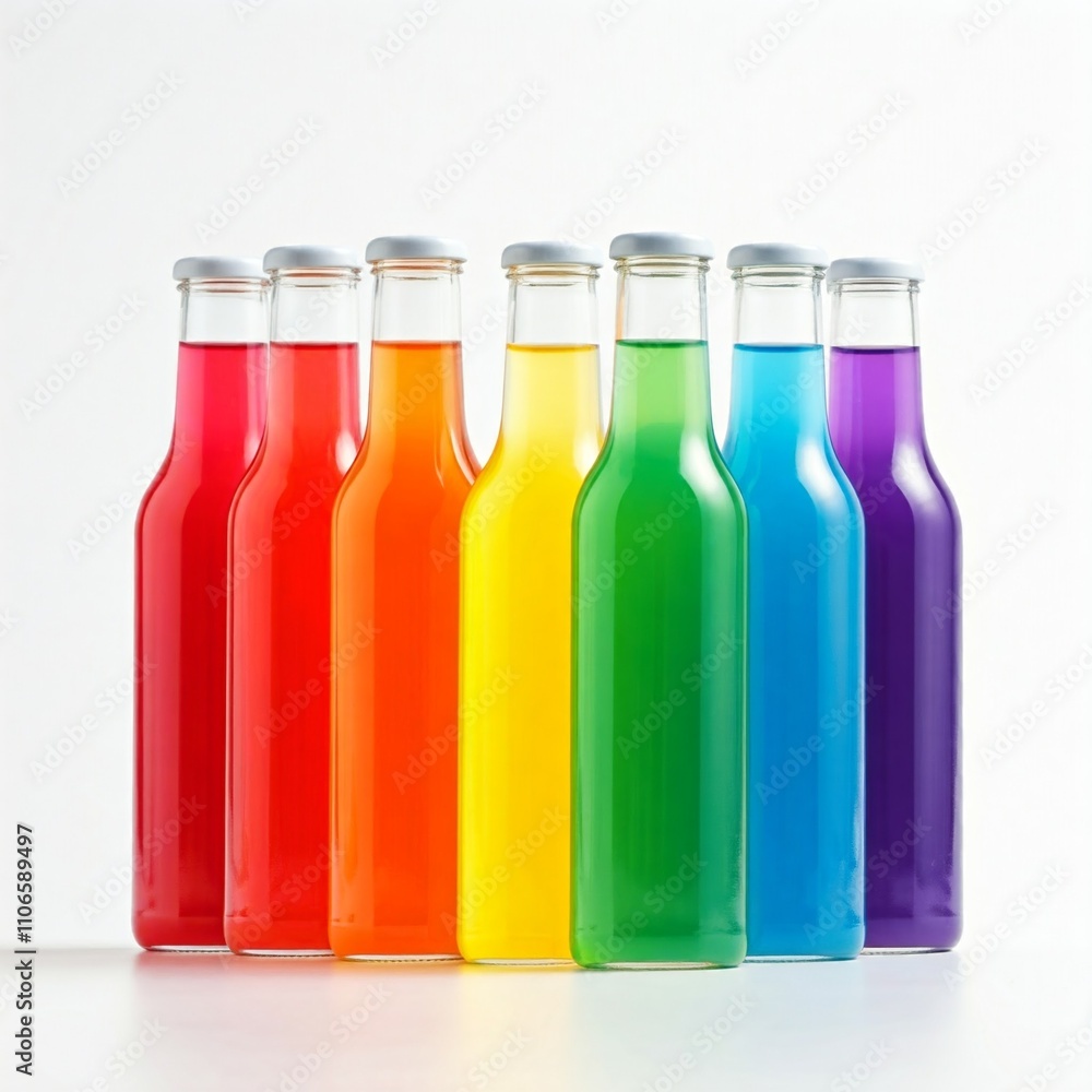 Multiple glass bottles containing liquids of various colors placed on a table. Clean background. Multiple glass bottles containing liquids of various colors placed on a table. Clean background.