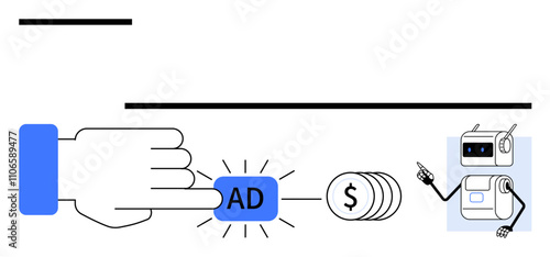 Hand clicking AD button, stack of coins with dollar symbol, smiling AI robot pointing. Ideal for digital marketing, online advertising, PPC campaigns, revenue generation, AI automation, customer