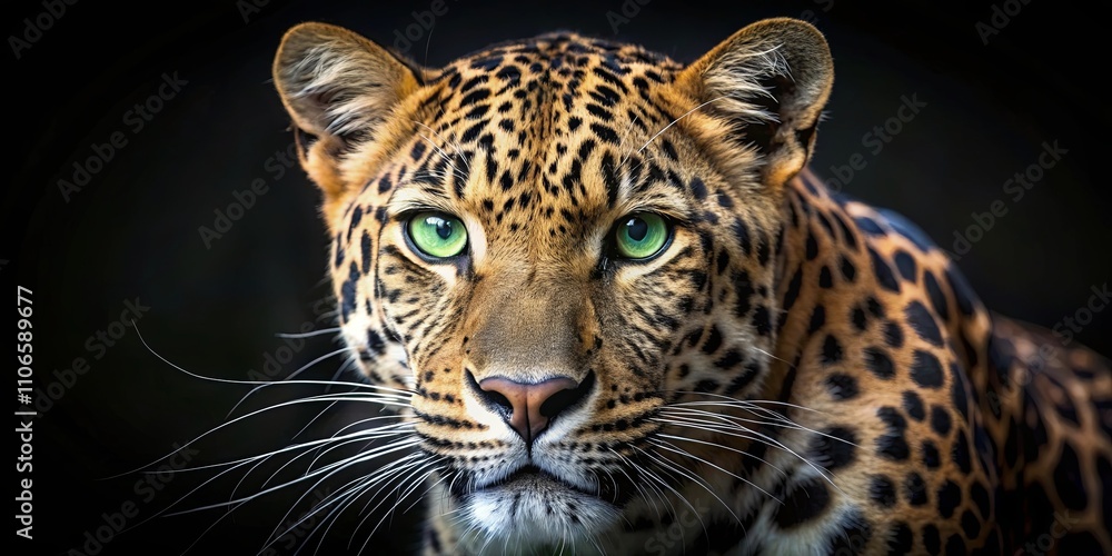 Fototapeta premium A Close-Up Portrait of a Leopard's Intense Gaze, Captivating with Sharp Green Eyes and Bold Rosettes