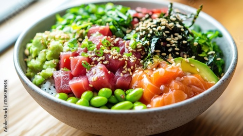 A colorful poké bowl filled with marinated tuna, salmon, and octopus