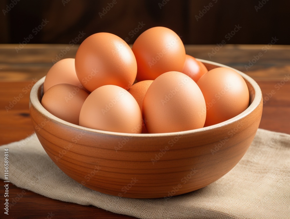 Brown Chicken Eggs in Wooden Bowl on Rustic Table Brown Chicken Eggs in Wooden Bowl on Rustic Table