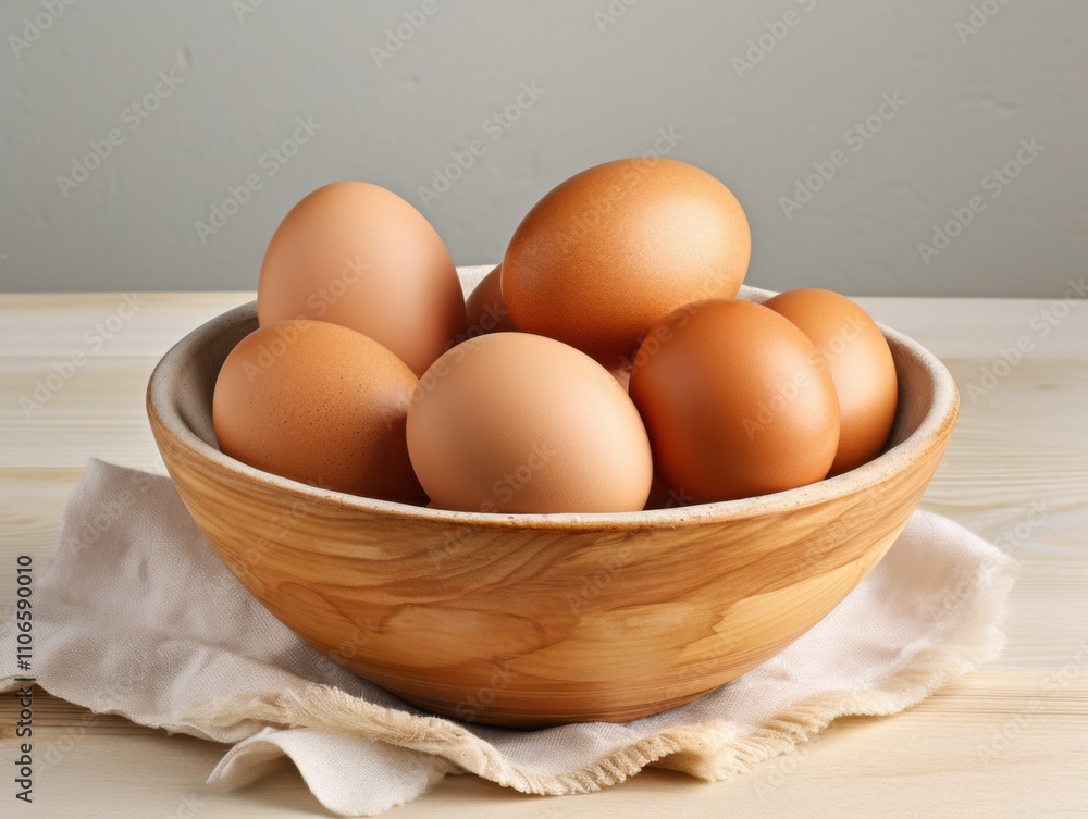 Brown Chicken Eggs in Wooden Bowl on Rustic Table Brown Chicken Eggs in Wooden Bowl on Rustic Table