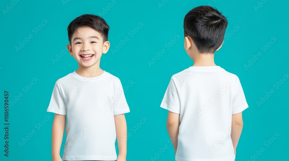 A cheerful boy in a plain white t-shirt poses against a solid turquoise background, showcasing both frontal and rear views. A cheerful boy in a plain white t-shirt poses against a solid turquoise background, showcasing both frontal and rear views.