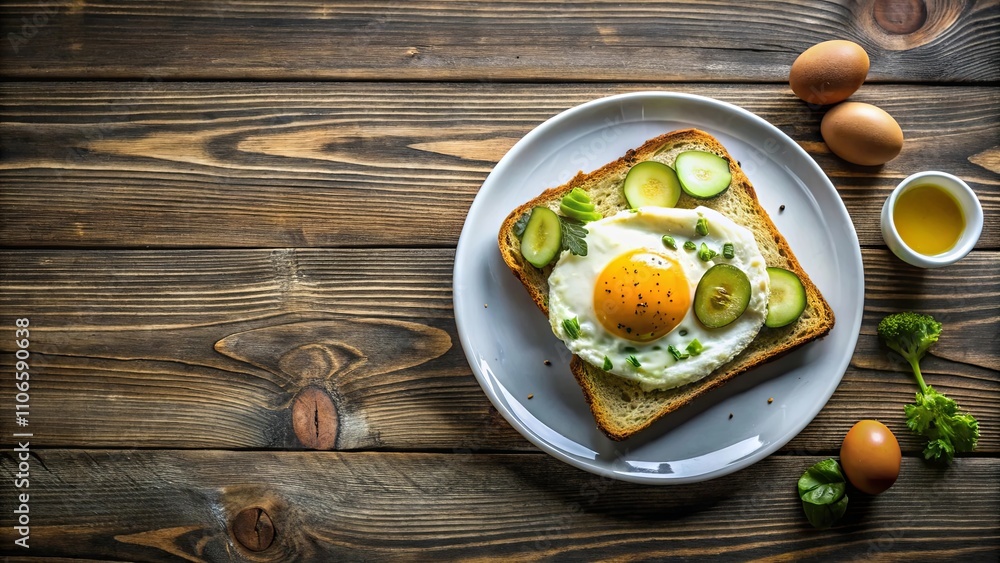 A Single Fried Egg on Toast with Cucumber Slices, Green Onions, and Parsley on a White Plate Surrounded by Fresh Ingredients on a Wooden Surface A Single Fried Egg on Toast with Cucumber Slices, Green Onions, and Parsley on a White Plate Surrounded by Fresh Ingredients on a Wooden Surface