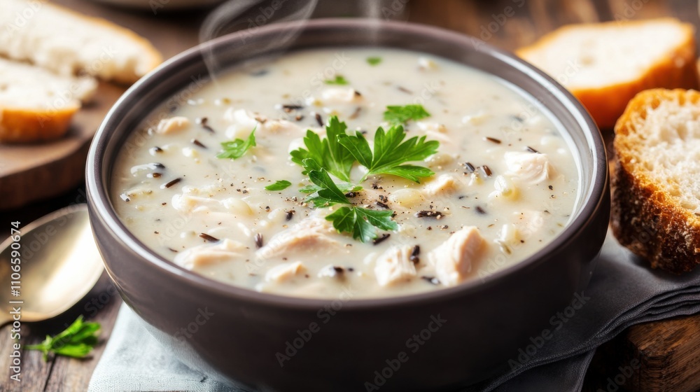 A comforting bowl of chicken and wild rice soup garnished with chopped parsley and cracked black pepper, Chicken and wild rice soup served in a ceramic bowl with steam rising delicately A comforting bowl of chicken and wild rice soup garnished with chopped parsley and cracked black pepper, Chicken and wild rice soup served in a ceramic bowl with steam rising delicately