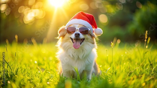 A furry friend basking in the golden glow of the afternoon sun, sporting a festive red hat and cool sunglasses, a playful embodiment of holiday cheer.