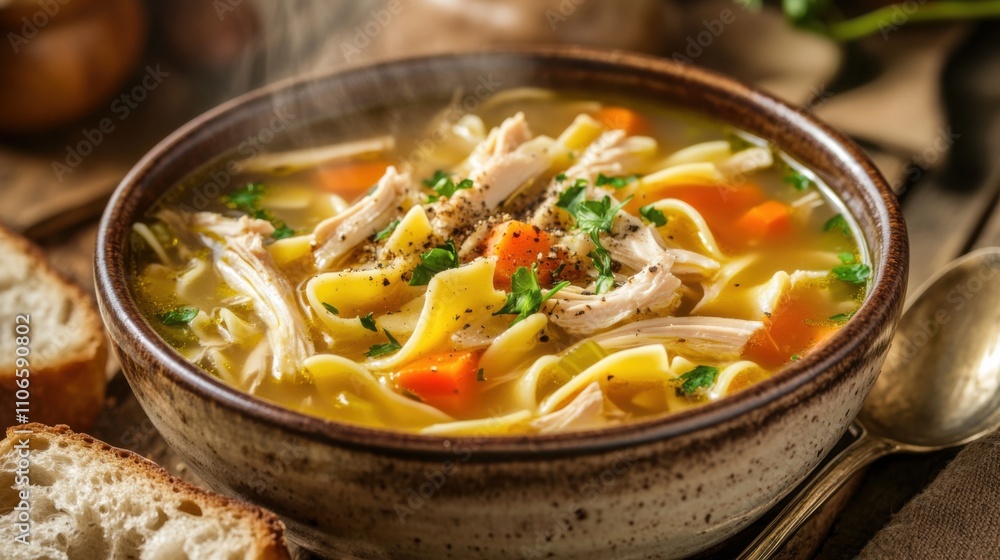 A comforting bowl of chicken noodle soup garnished with chopped parsley and a lemon wedge, Chicken noodle soup served in a ceramic bowl with steam rising delicately, Slices of crusty bread for dipping A comforting bowl of chicken noodle soup garnished with chopped parsley and a lemon wedge, Chicken noodle soup served in a ceramic bowl with steam rising delicately, Slices of crusty bread for dipping