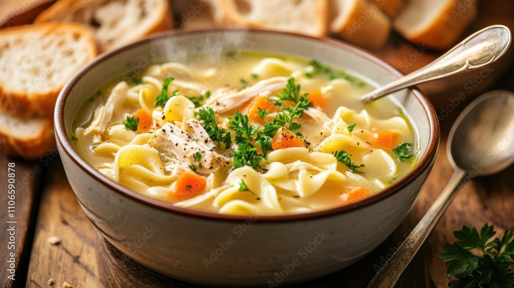 A comforting bowl of chicken noodle soup garnished with chopped parsley and a lemon wedge, Chicken noodle soup served in a ceramic bowl with steam rising delicately, Slices of crusty bread for dipping A comforting bowl of chicken noodle soup garnished with chopped parsley and a lemon wedge, Chicken noodle soup served in a ceramic bowl with steam rising delicately, Slices of crusty bread for dipping