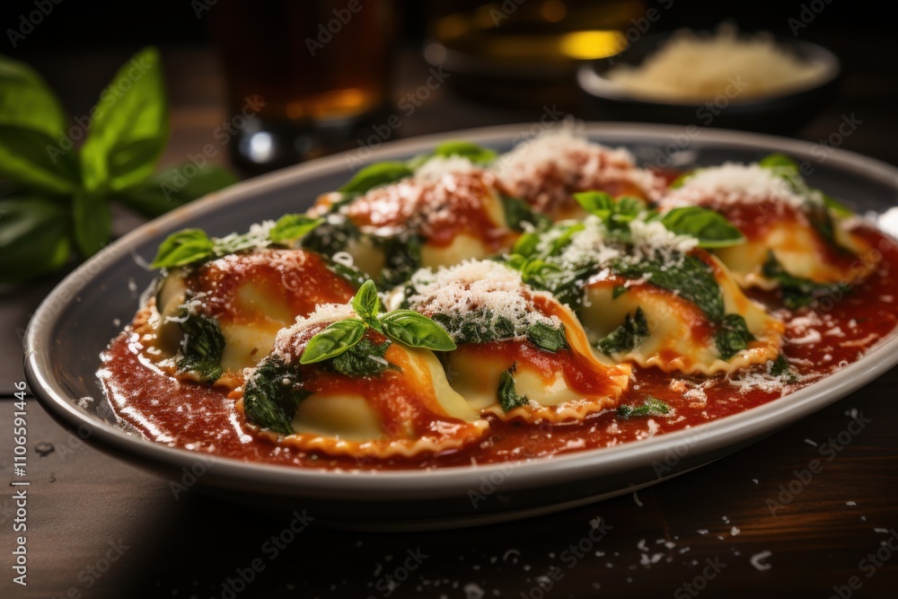 Delicious Spinach and Ricotta Ravioli with Tomato Sauce, Basil, Parmesan Delicious Spinach and Ricotta Ravioli with Tomato Sauce, Basil, Parmesan