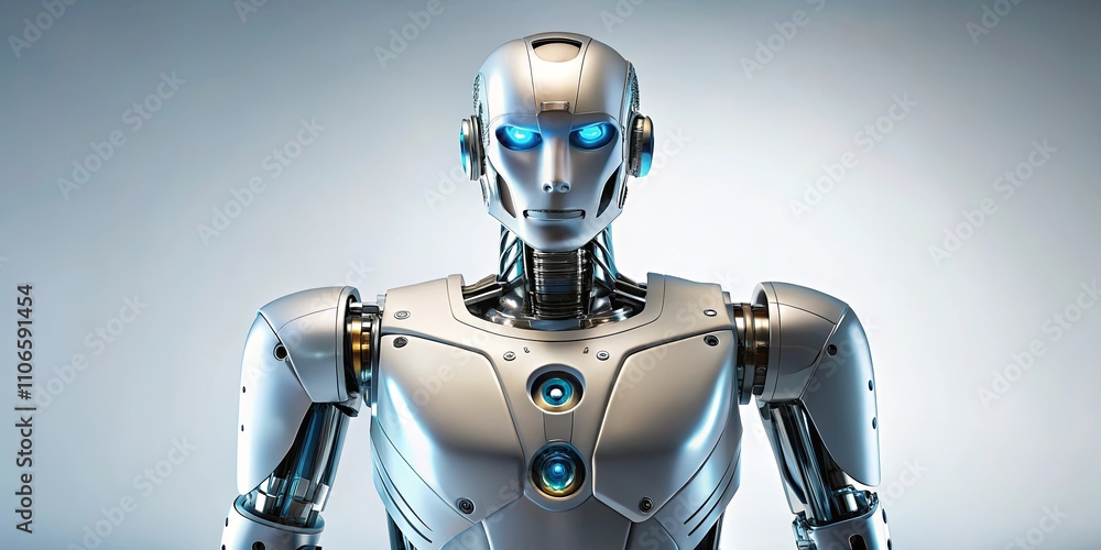 The metallic humanoid, with gleaming silver armor and glowing blue eyes, stands against a stark backdrop, a testament to the intricate design and engineering of advanced robotics. The metallic humanoid, with gleaming silver armor and glowing blue eyes, stands against a stark backdrop, a testament to the intricate design and engineering of advanced robotics.