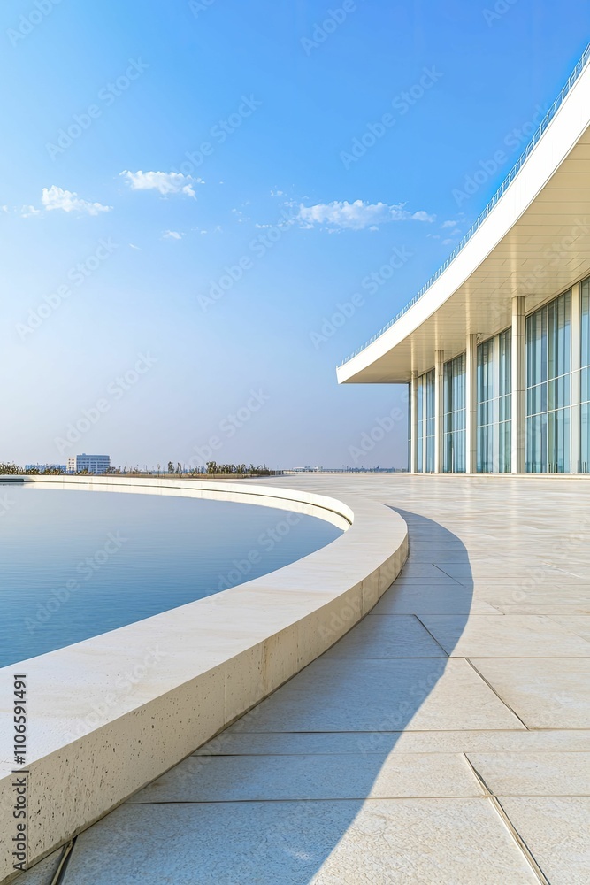 Fototapeta premium Sustainable water management practices showcased through urban design, contemporary structures, vibrant skies, and innovative perspectives.
