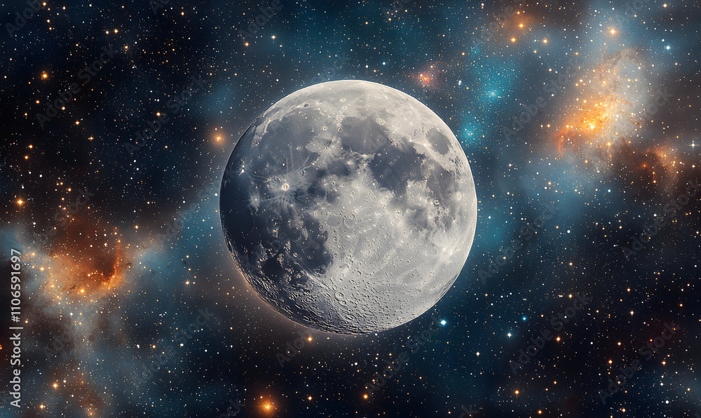 Obraz premium A panoramic image of the moon prominently displayed with a vivid starscape